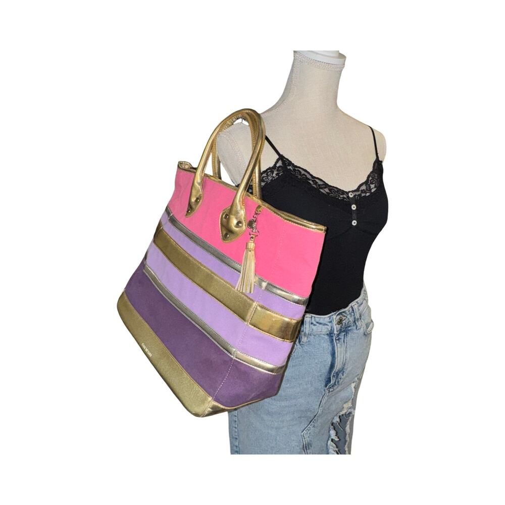 Isaac Mizrahi Canvas Beach Tote Gold Pink Purple Large - Picture 7 of 9